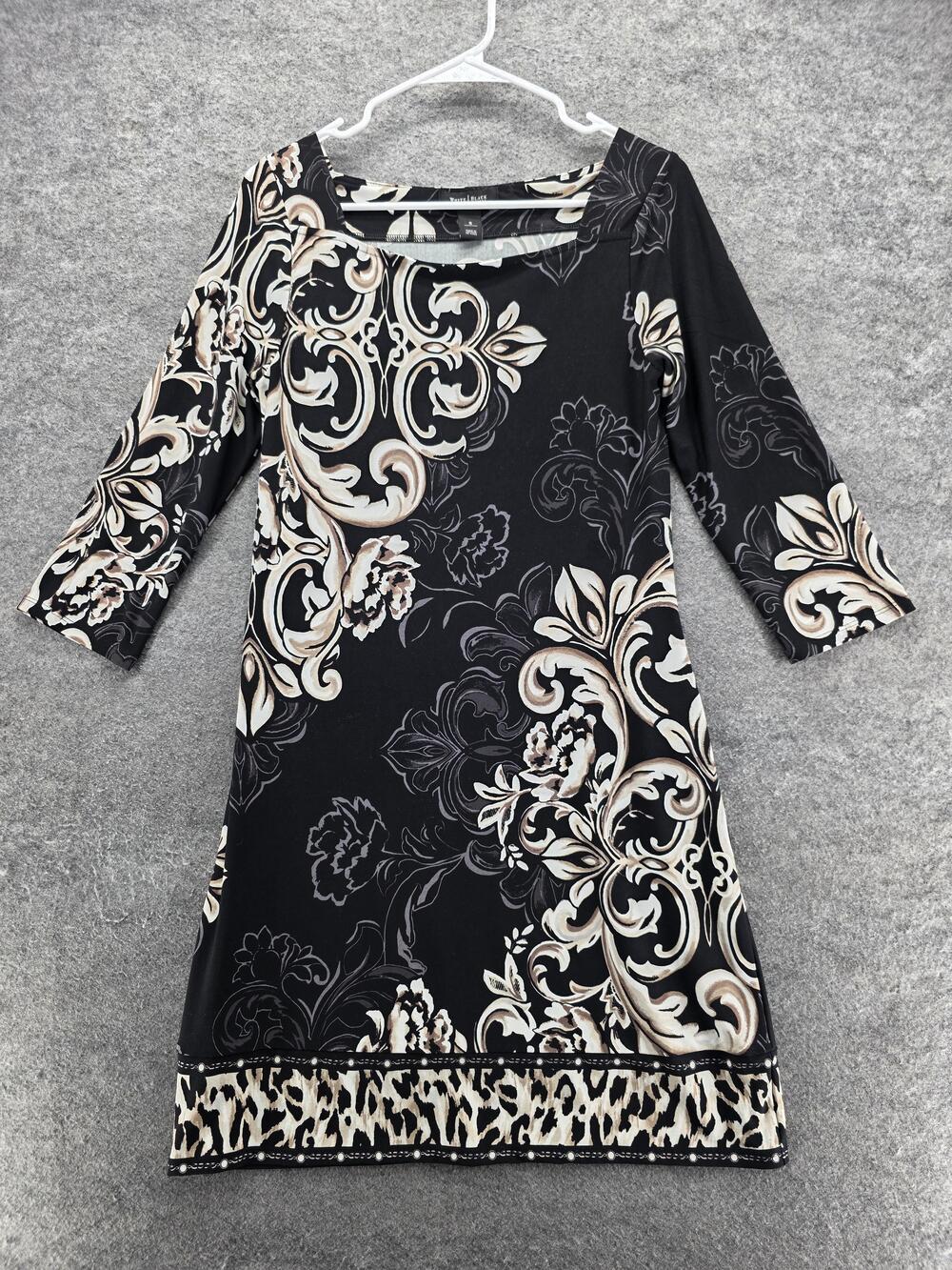 White House Black Market Dress Womens S Black Floral A-Line 3/4 Sleeve